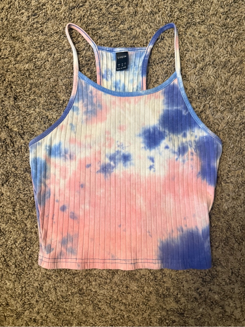 SHEIN Pink & Blue Tie-Dye Ribbed Racerback Crop Top